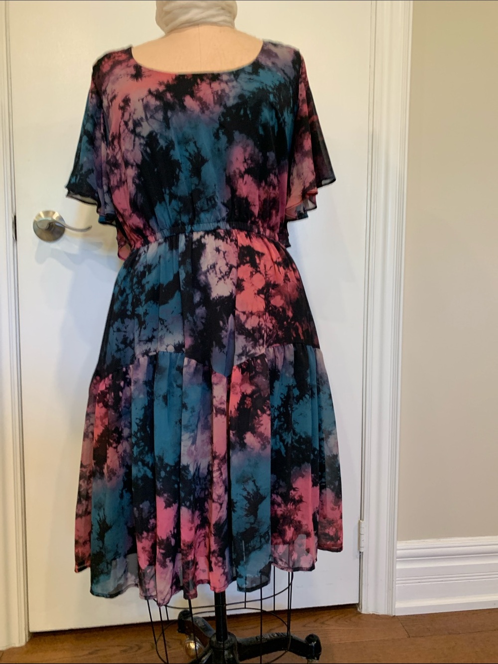 torrid Flutter Sleeve Midi Dress in Pink & Blue on Black with flounced hem